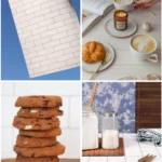 Croissants, café latte et bougie sur fond effet carreaux email blanc