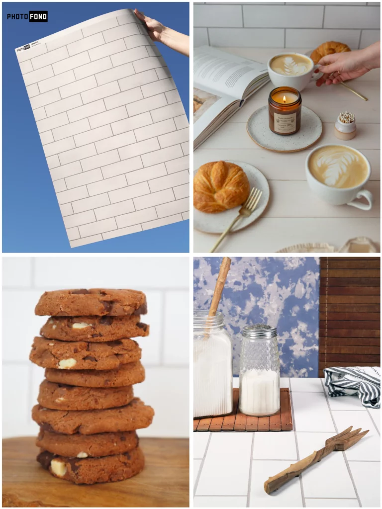 Croissants, café latte et bougie sur fond effet carreaux email blanc