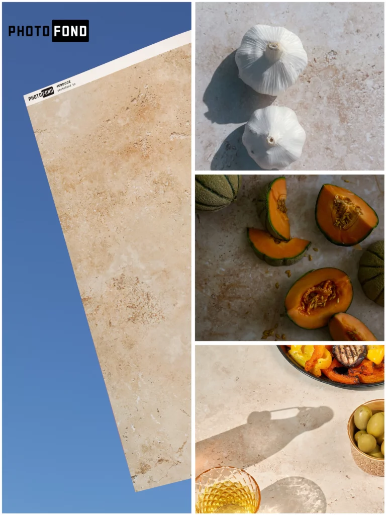 Un fond chaleureux pour des visuels qui évoquent l’été, le désert, la lumière du sud.